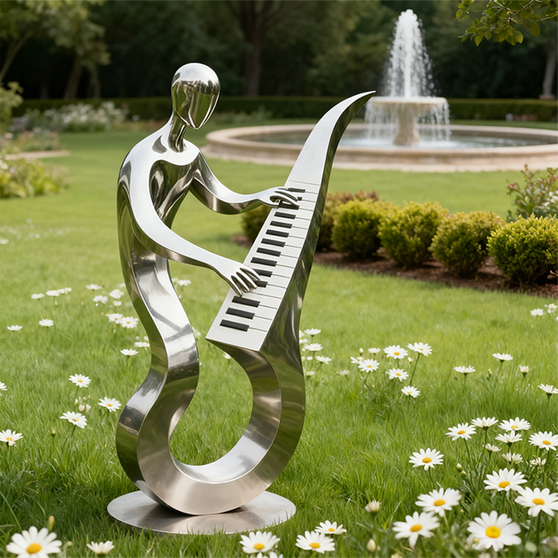 Escultura de pianista em aço inoxidável