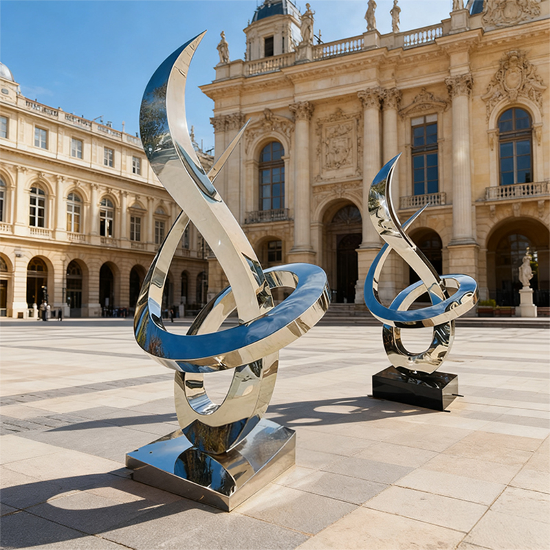 Escultura de metal aerodinâmico azul e prateado