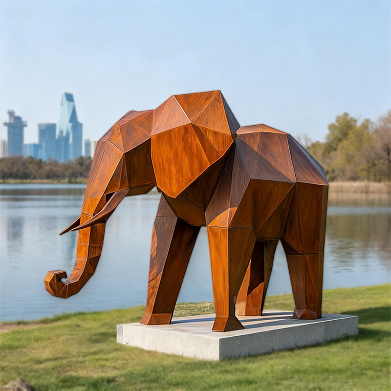 Escultura animal de elefante geométrico facetado de aço