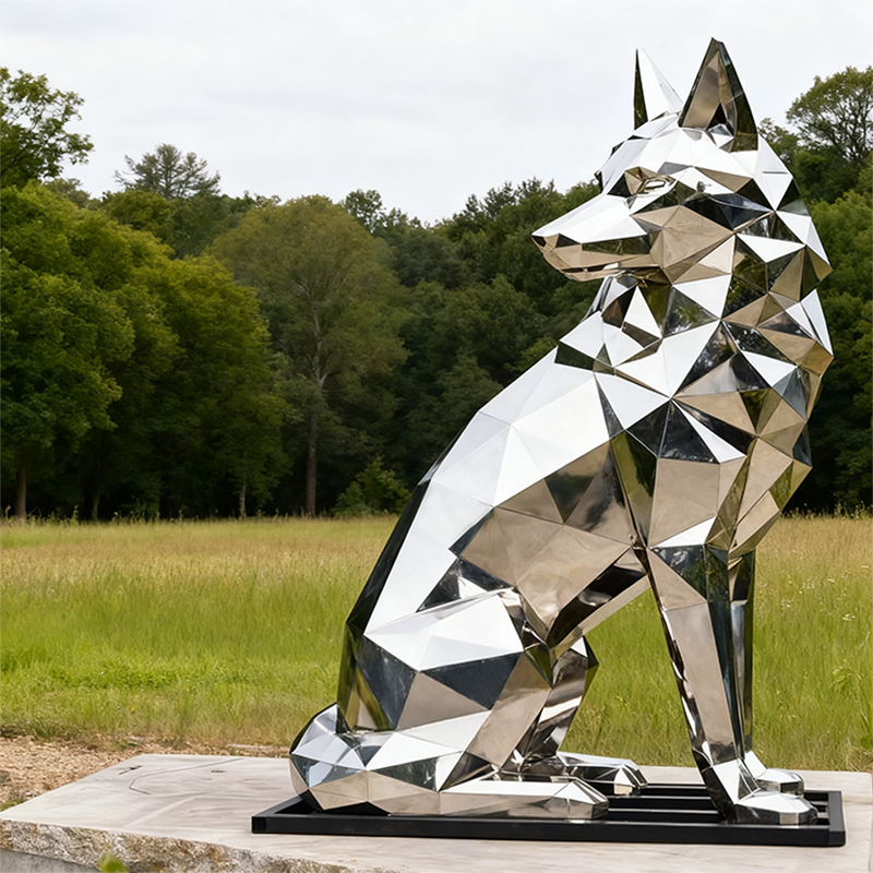 Escultura de lobo em aço inoxidável
