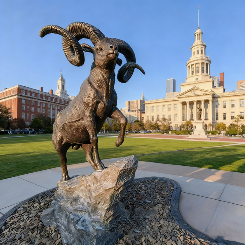 Escultura de carneiro com chifre grande em bronze - decoração de jardim ao ar livre
