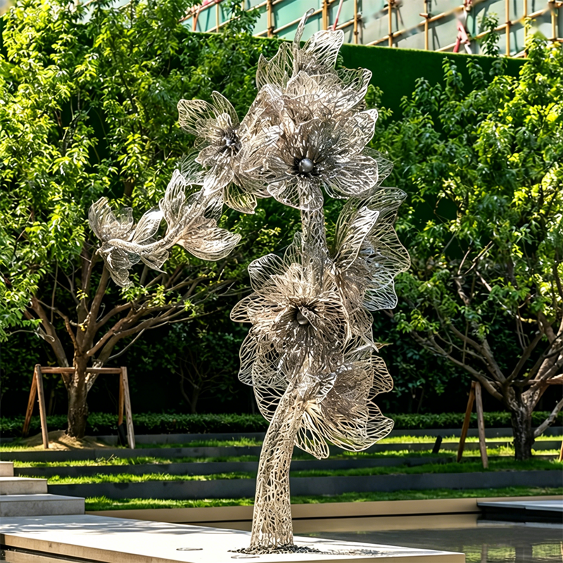 Escultura de árvore de flores em aço inoxidável com flores em flor