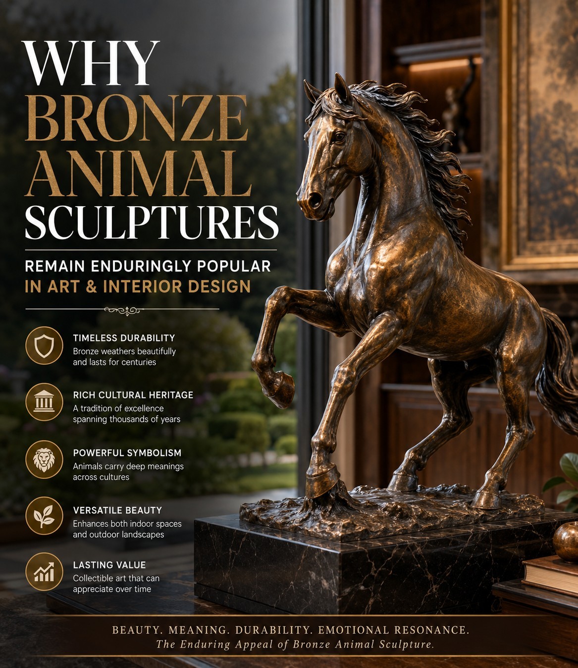 O que torna as esculturas de animais em bronze uma escolha tão duradoura para arte e decoração de casa?